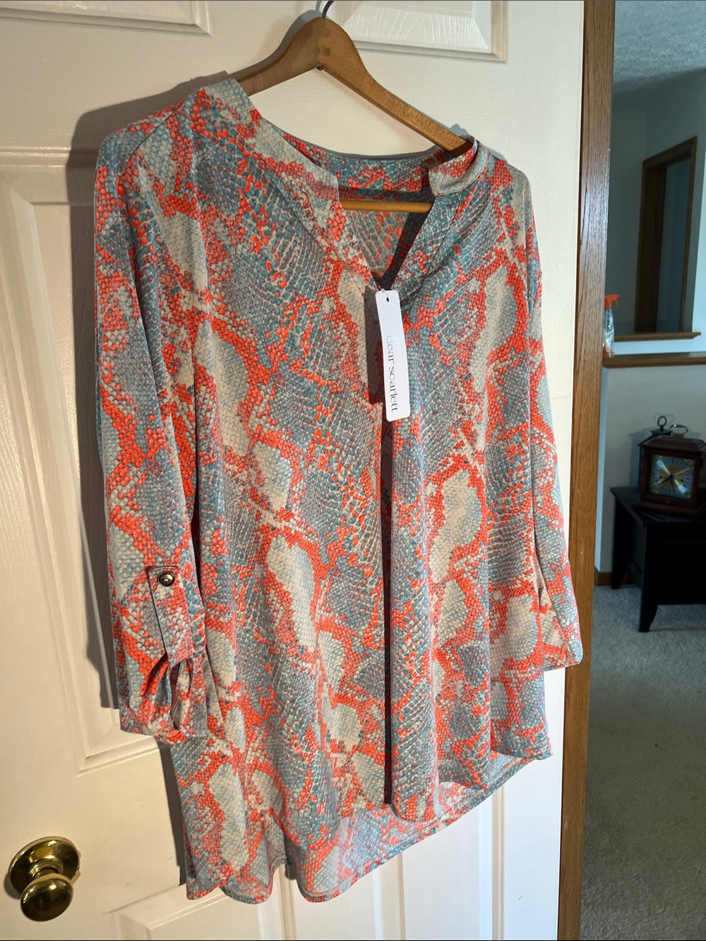 Split-Neck Snake-Print Blouse in Coral and Gray — Unbranded